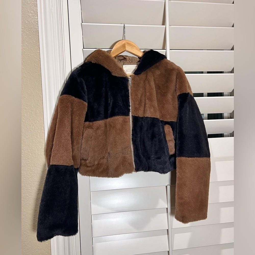 Altar'd State Patchwork Faux Fur Jacket - Black and Brown - Picture 1 of 4